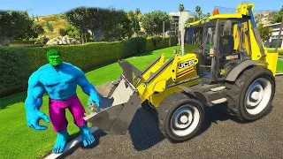 The Tractor Excavator JCB and Superheroes Ragdoll by Ramp jumping - Gta 5