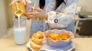 vlog | 장보고 치킨🍗브런치로 에그인헬과 바게트, 새 화장대, 작업실출근, 도시락(계란주먹밥, 닭강정, 두부브로콜리)