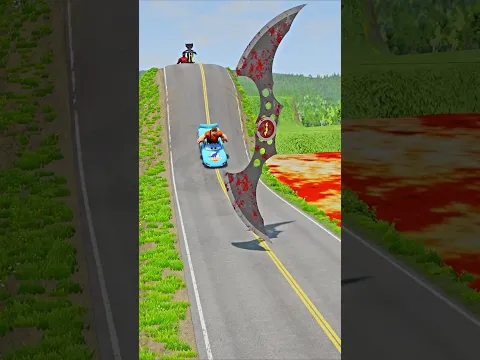 Weird Cars and Motorcycles Driving Downhill to VERY GIANT Spinning BATARANG in BeamNG.Drive