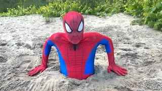 Troy and Izaak Pretend Play Stuck in the Sand Rescue Adventure with SpiderMan