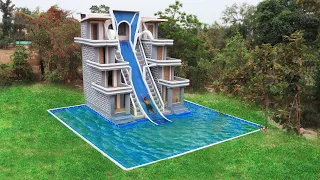 Build Creative The Relax Water Slide Park To Swimming Pool With 4-Story Villa House