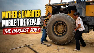 Their Biggest Tire Repair Ever! Mother & Daughter Face a Giant Bulldozer Tire. 