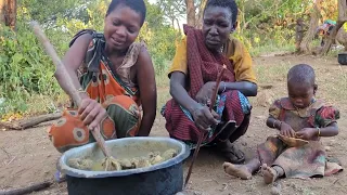 Intestines meat recipes layout by Hadzabe people in the wild kitchen