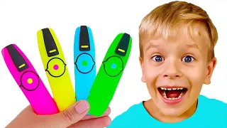 Pretends to play with his Magic Pen - Preschool toddler and color song | Dima Family Show