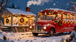 Holiday Jazz Café by the Bus Stop 🎄🚌 — Warm Fireplace Smoke & Snowy Ambience