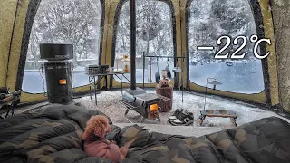 캠핑 브이로그 . 극한 한파 -22℃, 실내온도 31℃!! 따뜻한 텐트 안 강아지와 설중캠핑 . 화목난로 ASMR