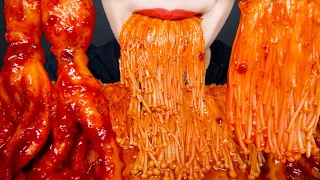 ASMR Spicy Enoki Mushroom, Octopus Mukbang eating show (No Talking)ㅣ매운 팽이버섯, 낙지 먹방ㅣRED ASMR