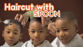 BEST BARBER IN THE WORLD CUTS Son’s Hair with a SPOON!