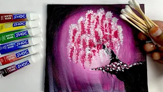 Easy Painting Idea tutorial | Bright cherry blossom tree | how to Acrylic paint with cotton birds