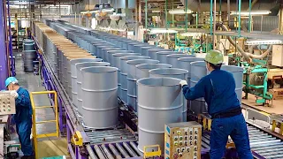 ドラム缶を大量生産するプロセス。日本有数の鋼製ドラム缶工場