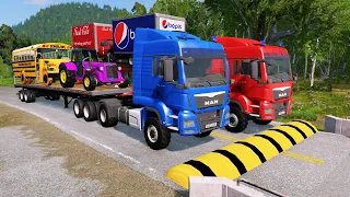 Double Flatbed Trailer Truck vs Speedbumps Train vs Cars Beamng.Drive 42