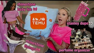 PINK GIRLY TEMU HAUL | rhinestone thongs, stanley cup dupe, cute matching sets, & more!🩷🎀