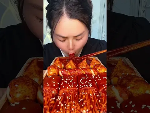 Asmr, Eating Enoki Mushroom With Noodles Garlic Meatballs Flavor Spicy Yummy, Mukbang
