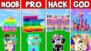 Minecraft: FAMILY RAINBOW HOUSE BUILD CHALLENGE - NOOB vs PRO vs HACKER vs GOD in Minecraft