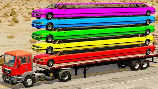 Flatbed Trailer Long Cars Transportation with Truck - Car vs Speed Bump vs Deep Water #2 - BeamNG