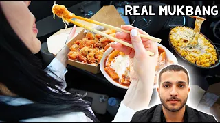 REAL MUKBANG FT. EX BOYFRIEND, NEW CAR & CHEESY CORN, SPICY RICE CAKES, KFC, KIMCHI (NO TALKING)