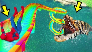 GTA 5 TIGER CROCODILE Water Slides SPIDERMAN  WATER RAGDOLLS  (Euphoria Ragdolls) ep.4