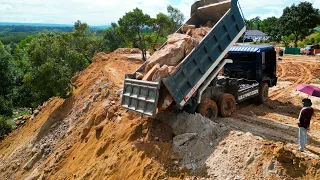 Perfect Project !! Landfill On The Mountain by 10 Wheels Trucks Dumping & Dozer D37E Pushing Rocks