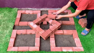 DIY creation of a small garden with red bricks