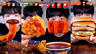 ASMR MUKBANG FIRE NOODLES CHICKEN SAUSAGE BURGER (NO BGM)