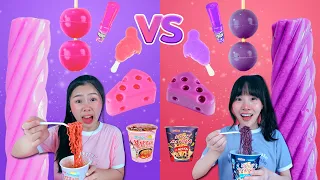ชาเลนจ์กินของสีชมพู vs สีม่วง เยลลี่ยักษ์ ชีสเด้งดึง เยลลี่ลูกโลกทำเอง มาม่าชาไข่มุก