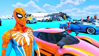 SPIDERMAN MEGA CITY RAMP MULTI SUPERHEROS NEW CHALLENGE! PLANES MOTOR CARS RACE TRACK GTA V