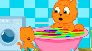 Família de Gatos - Pintou A Banheira Com Um Arco-íris Desenho Infantil em Português Brasil