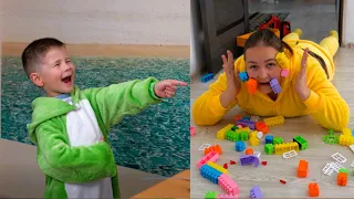 4 Mom fell on the floor and the construction set stuck to her face.