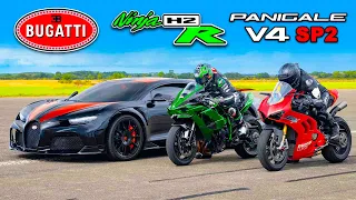 Bugatti Chiron SS vs Kawasaki H2R vs Ducati Panigale SP2: ARRANCONES