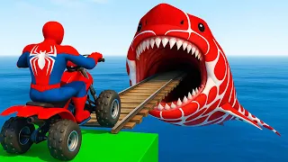 الأبطال الخارقين على القضبان دوامة قمع جسر 🕷️🏍️ RAINBOW SPIDER MAN! on Motorcycle in Spiral Bridge