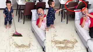 爸爸吐了一地瓜子皮，小米宝都看不下去了，父子俩地位直接互换了！#呆萌小米宝#萌娃#熊孩子