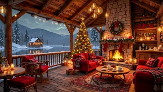 Warm Christmas Jazz Instrumental 🎄 Cozy Porch Ambience with Crackling Fireplace Sounds