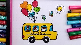 drawing and coloring of a school bus ll step by step tutorial ll easy bus ll land transportation