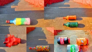 Breaking glass bottles on stairs !
