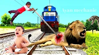 Lion & Crying Baby vs Train | Stops the Train | Funny Train Vfx video |Train Simulator Ayan mechanic