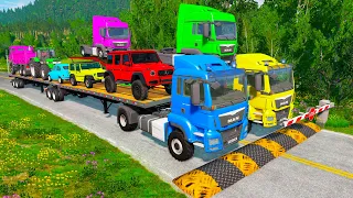 Double Flatbed Trailer Truck vs Speedbumps | Train vs Cars | Tractor vs Train | BeamNG.Drive #61