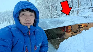 90cm 폭설 한가운데서 텐트없이 쉘터 만들고 잡니다│타프로 쉘터 만들기 폭설 캠핑 백패킹