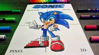 Easy drawing SONIC The Hedgehog in four epic styles! ASMR!