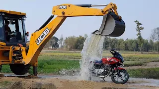 Washing JCB Backhoe and Doing Fun - JCB Backhoe Machine Washing Pulsar 220 Bike - JCB Funny Video