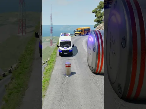 Cars & School Bus vs Giant Pit Bollards Crash - BeamNG.drive
