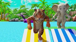 Long Slide Game With Elephant Gorilla Buffalo Hippopotamus Tiger 3d Animal Game - Funny 3d Animals