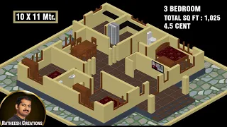 Small House Plan & 3D/4.5 Cent  & 1,025 Sqft/ 8x12mtr/ 3Bedroom Plan/Budget Home/Ratheesh Creations