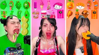 PINK vs GREEN vs ORANGE FOOD | Eating Only Color Food for 24 Hours 🌷🍋‍🟩🧡