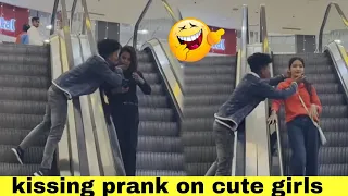 kissing prank 😜 on cute girls best reaction in Escalator prank prankstar vinod