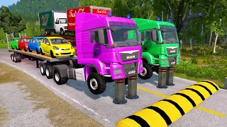 Double Flatbed Trailer Truck vs Speedbumps Train vs Cars Beamng.Drive #4