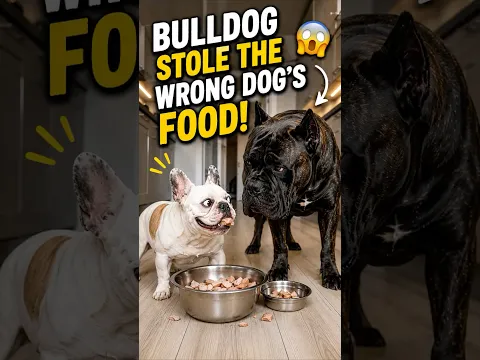 Little Bulldog Steals a Giant Dog’s Food 😂 #canecorso #frenchbulldog #funnydogs #dogshorts #cutedog