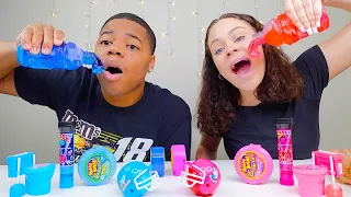 PINK VS BLUE FOOD CHALLENGE, HONEY JELLY, HUBBA BUBBA GUM RACE, GUMMY ROLL CANDY MUKBANG
