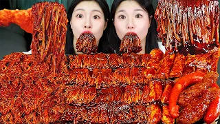 ASMR MUKBANG| 직접 만든 불닭 짜장 버섯 양념치킨 소세지 먹방 & 레시피 SPICY MUSHROOMS AND FIRE NOODLES EATING
