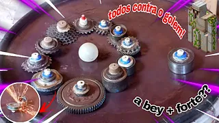 MINHA BEY+APELONA?! Testei as 13 BEYBLADES contra o GOLEM DE FERRO!! Quem ganhou?