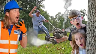 Handyman Hal helps friend with Lawn Care | Mowers and leaf blowers for kids